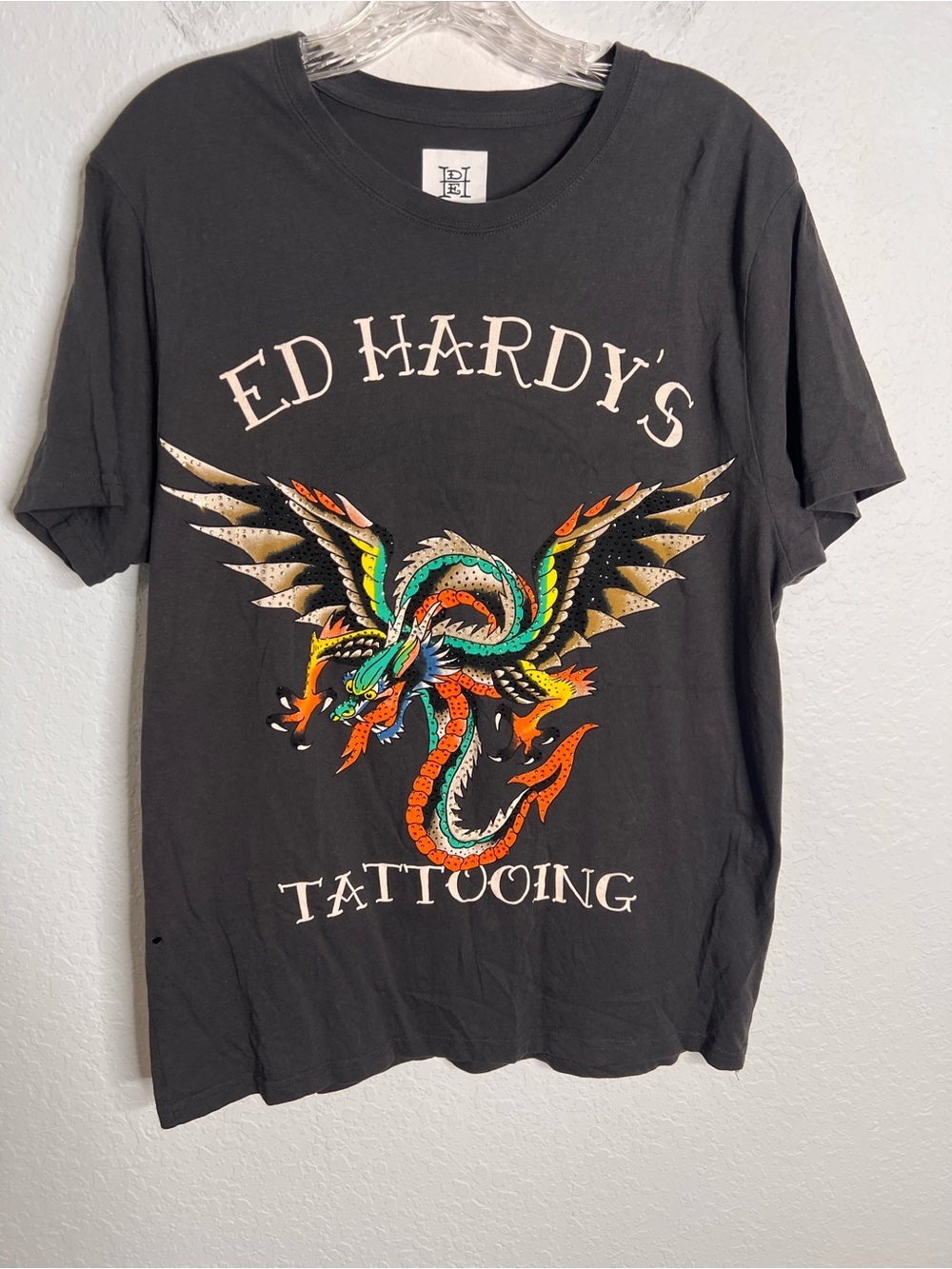 Ed Hardy Rhinestone Dragon Shirt Men’s Large Tattoo Distressed Short Sleeve G